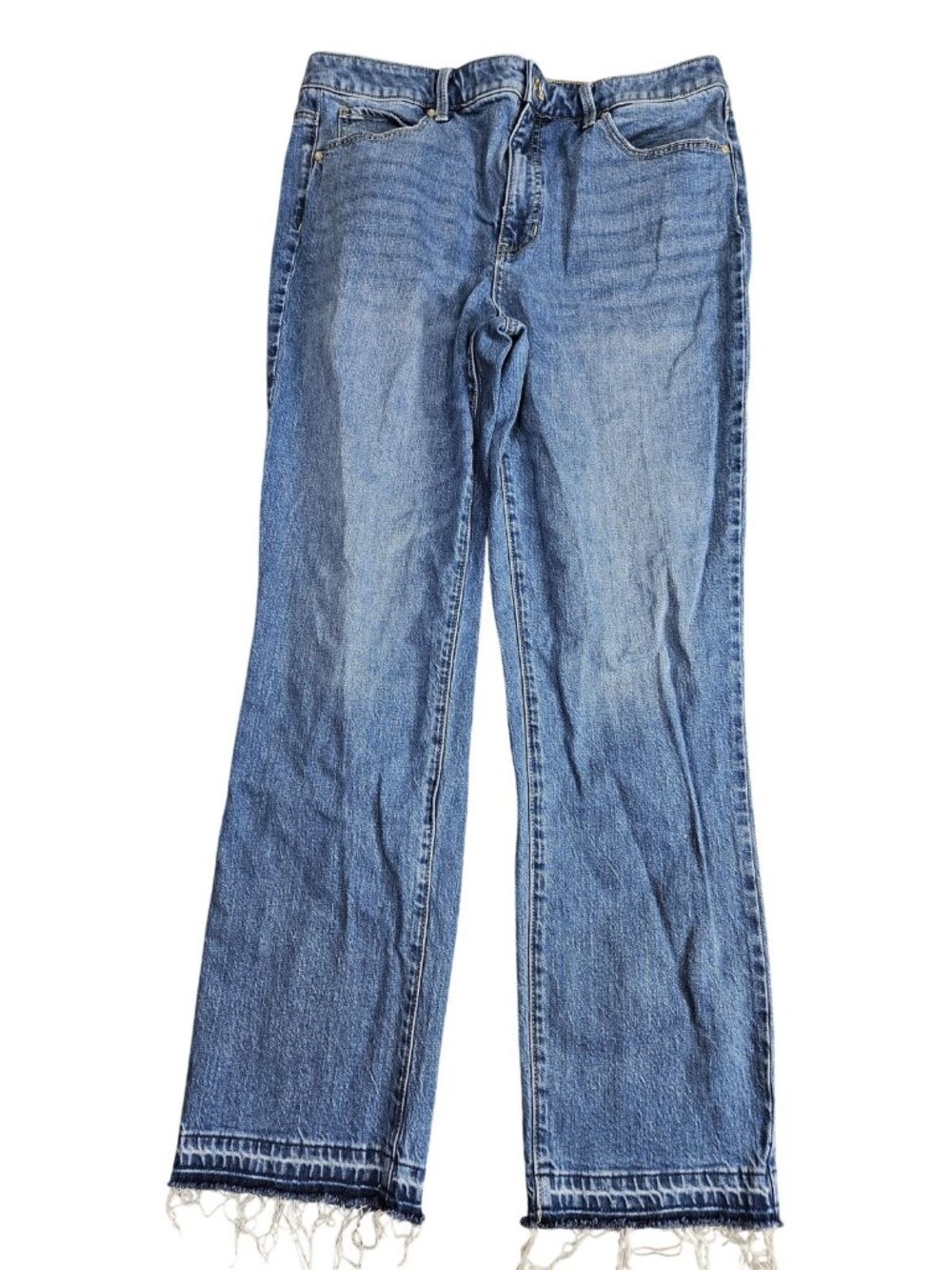 Talbots Straight Leg Jeans Womens 12 Blue Med Wash Raw Hem Frayed Stretch Denim